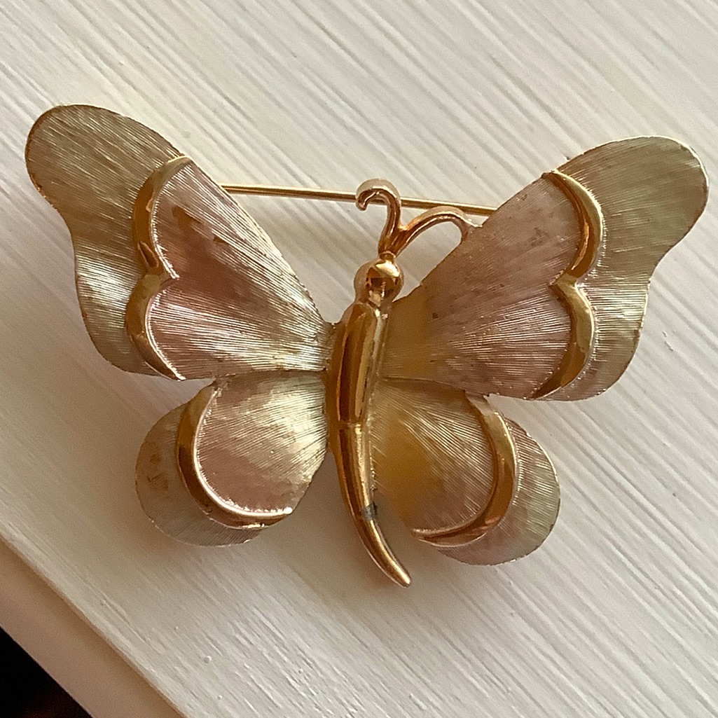 Vintage Pearlized Pastelii Signed Butterfly, Brooch And Pink And Gold Tones